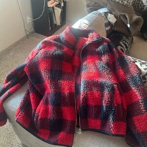 Red and Blue Plaid Sherpa Jacket